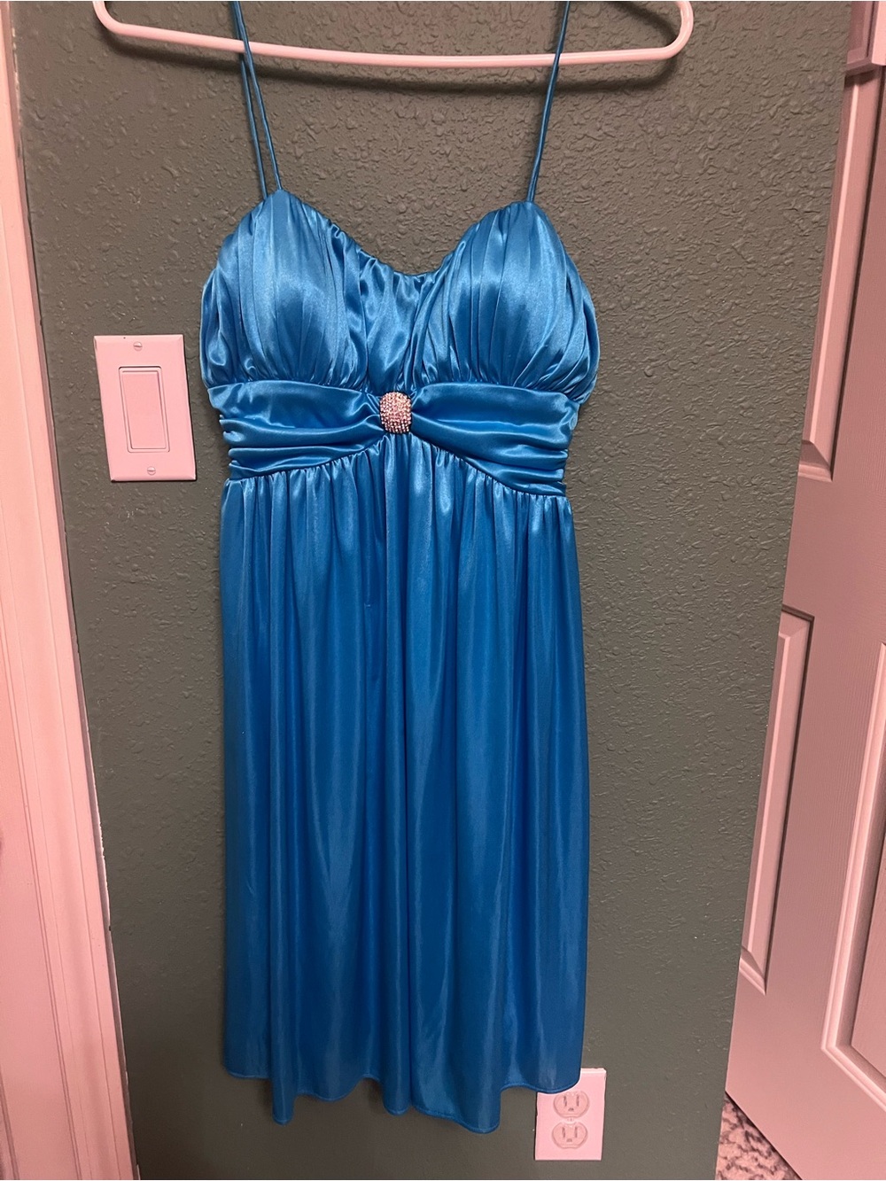 Vintage Blue Satin Spaghetti Strap Dress with Embellished Waist